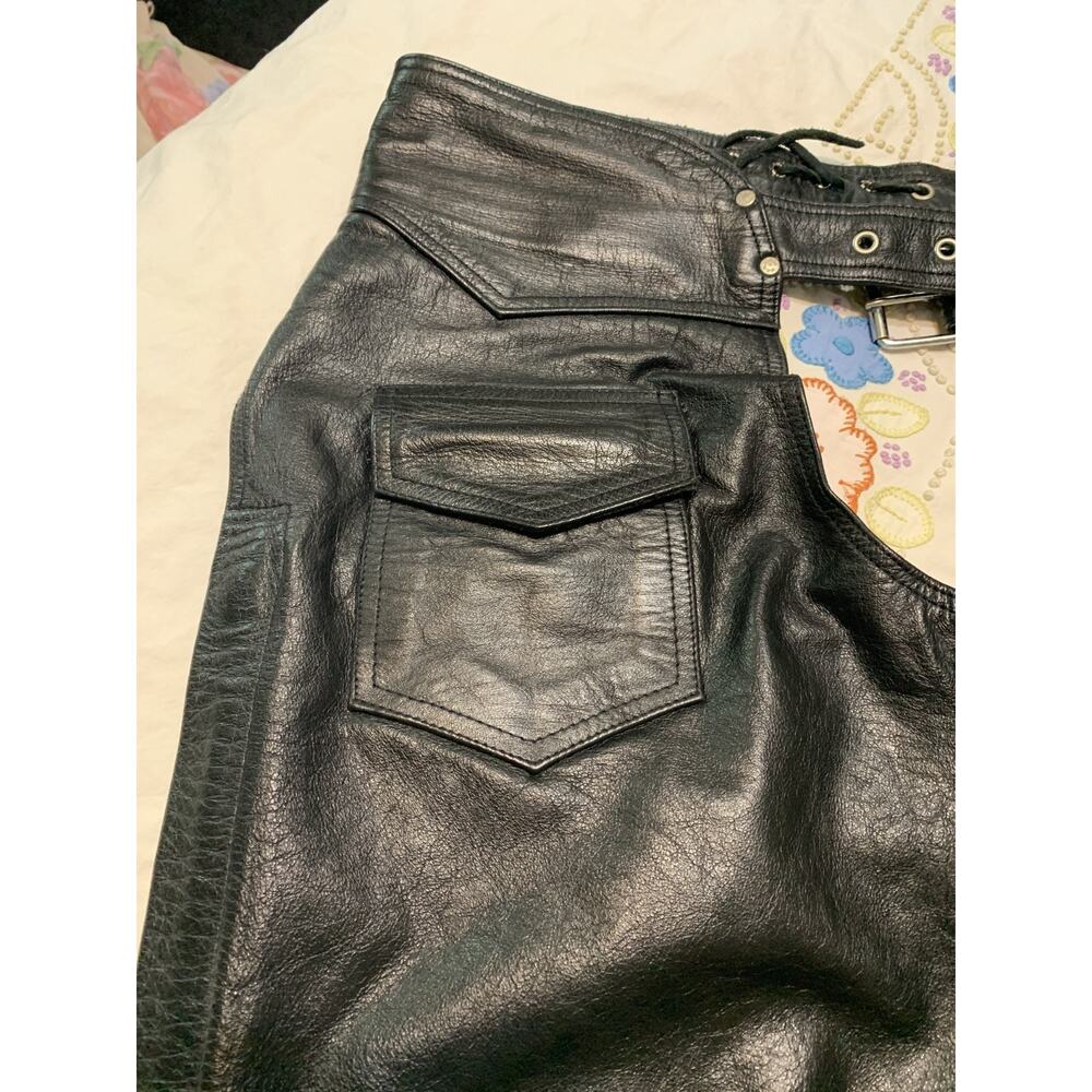 Moto Chaps Black Leather Men's XL Pocket Zip legs snaps adjustable waist - Picture 3 of 8